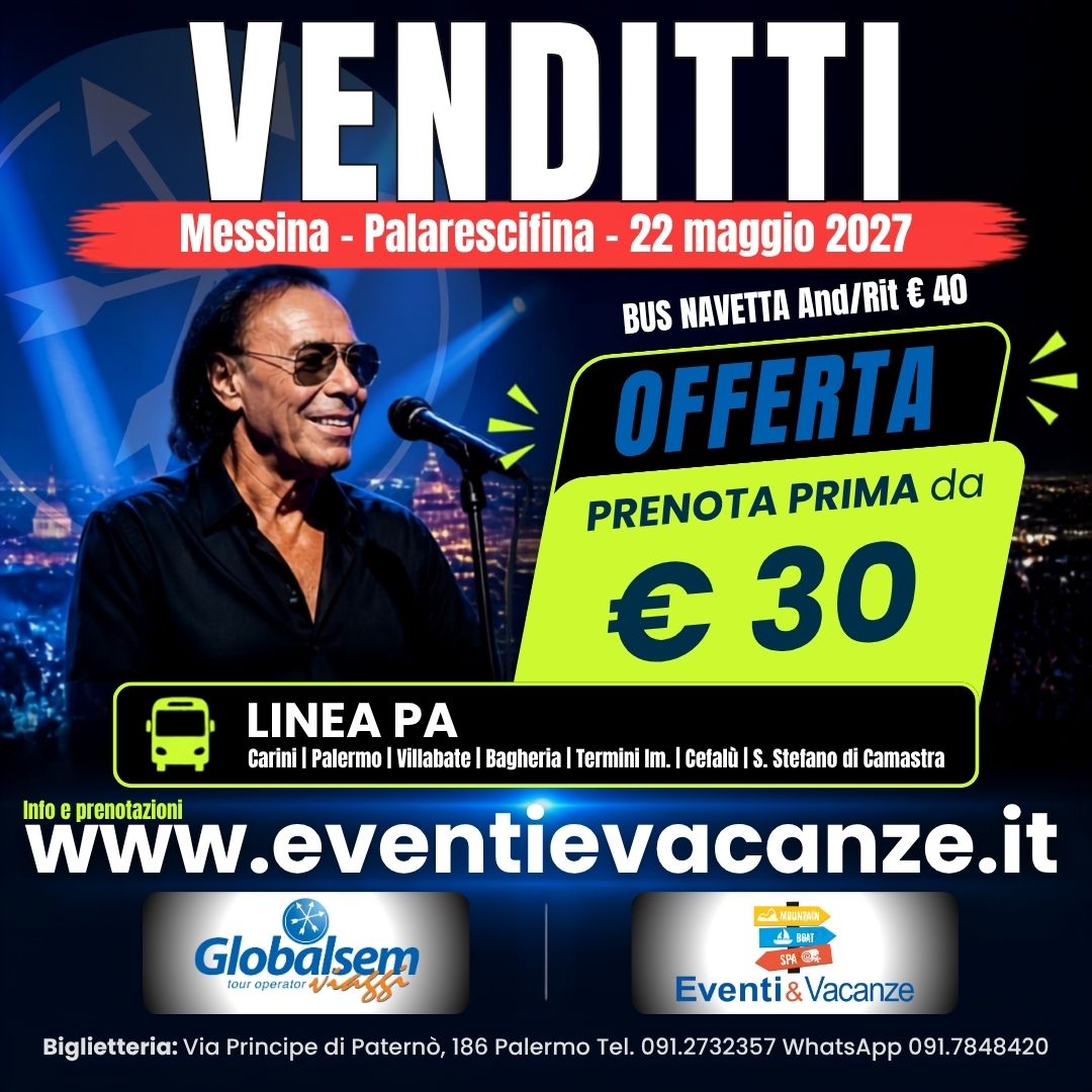 Bus per ANTONELLO VENDITTI in concerto a Messina il 22 maggio 2027
