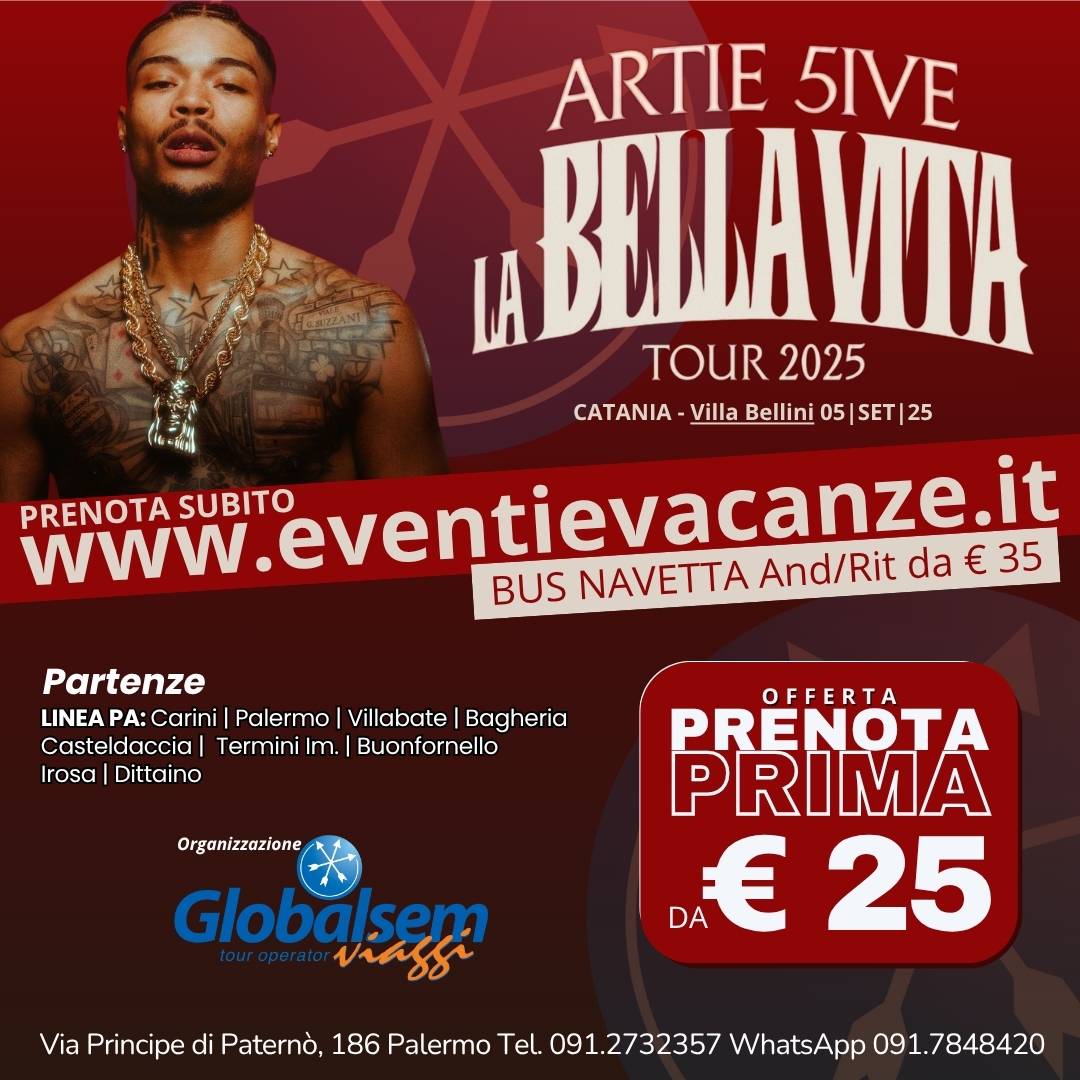 BUS per ARTIE 5IVE da Palermo e provincia in Concerto a Catania giorno 11 luglio 2025