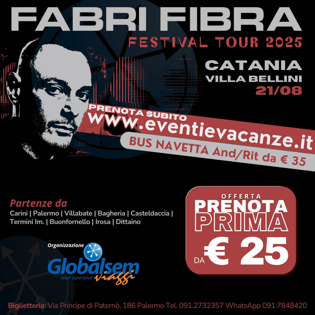 BUS per FABRI FIBRA da Palermo e provincia in Concerto a Catania il 21 agosto 2025