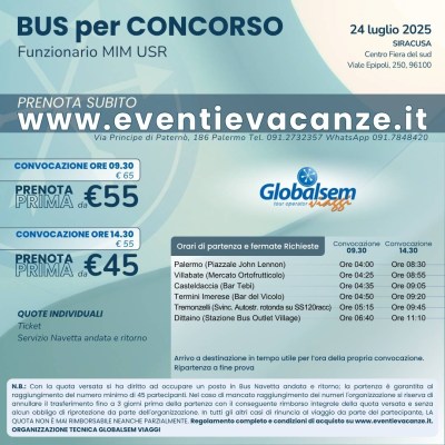 Bus per Siracusa Concorso Funzionari MIM USR 24 luglio 2025